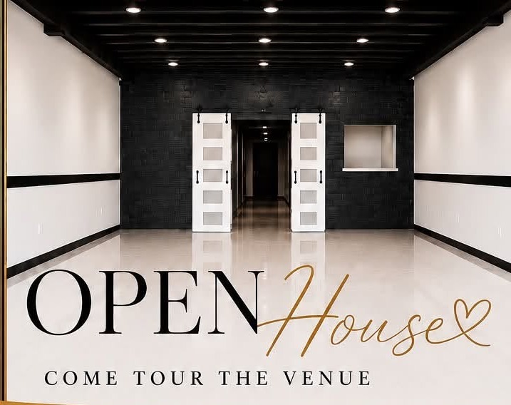 Modern event venue interior at The 5Eleven Venue in South Houston, Texas with polished floors, a black ceiling and white barn-style doors